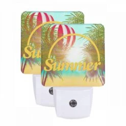 Night Light Set Of 2, A Colorful Hot Air Balloon Is Flying Over A Beach With A Yellow Sign That Says "Summer."