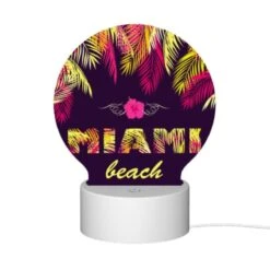Round Acrylic Night Light, A Colorful Beach Scene With Palm Trees And The Word "Miami" Written In Yellow. -Acrylic Night Light Shop da140954477fe29b87d480565920d10fbd826352