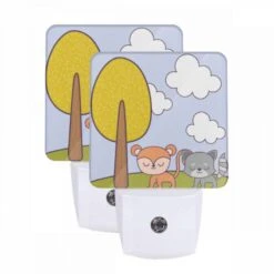 Night Light Set Of 2, Two Cartoon Animals Are Sitting Under A Tree.