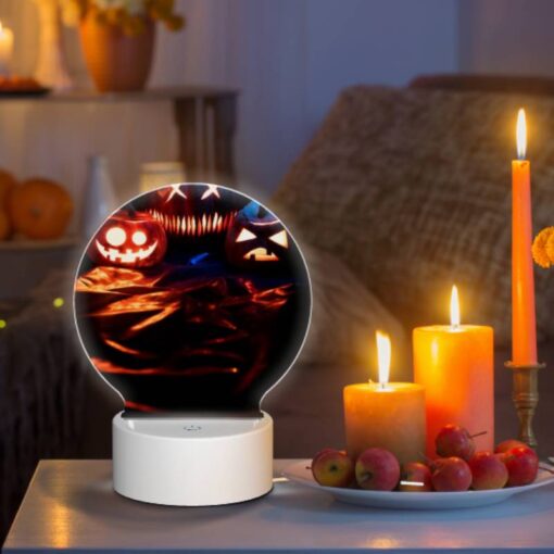Round Acrylic Night Light, Three Pumpkins With Faces Carved Into Them Are Sitting On A Table. -Acrylic Night Light Shop dcc063a01f7681b6a2e119b51915be658846bc9f
