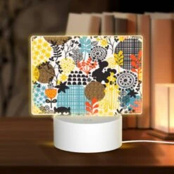 Rectangular Acrylic Night Light, A Black Cat Is Sitting On A Yellow And Blue Checkered Background.