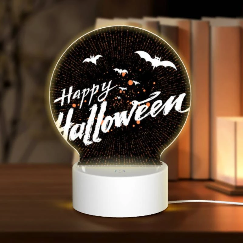 Round Acrylic Night Light, A black and white image of bats and the words "Happy Halloween" written in orange. Round Acrylic Night Light, A Black And White Image Of Bats And The Words "Happy Halloween" Written In Orange. -Acrylic Night Light Shop de7ed97962beb6d2b9a893fd44561379008e91dc