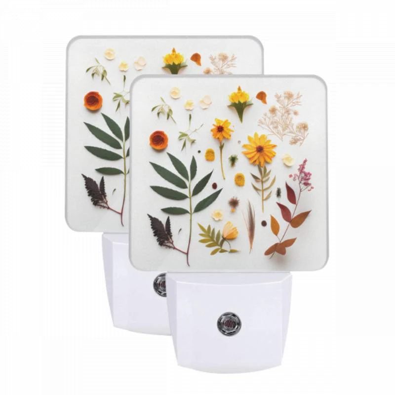 Night Light Set of 2, A variety of flowers and leaves are arranged on a white surface. Night Light Set Of 2, A Variety Of Flowers And Leaves Are Arranged On A White Surface. -Acrylic Night Light Shop dfe16cb46895771e6eb4a061709806776a125724
