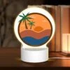 Round Acrylic Night Light, A Sunset Scene With A Beach And Palm Trees.