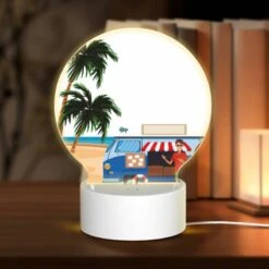 Round Acrylic Night Light, A Man Stands In Front Of A Food Truck On A Beach.
