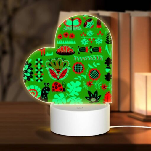 Love Acrylic Night Light, A Green And Red Patterned Fabric With Various Plants And Animals On It. -Acrylic Night Light Shop e154d55979017041e72ce0b331bfd73f3b3abb87