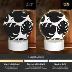Round Acrylic Night Light, A Pattern Of Leaves On A Black And White Background. 2 Round Acrylic Night Light, A Pattern Of Leaves On A Black And White Background. -Acrylic Night Light Shop e17258c65b05352caf5128f6828433aabad9d8d5