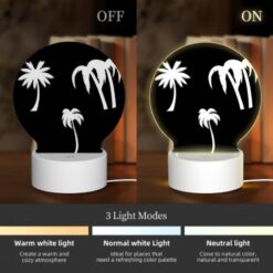 Round Acrylic Night Light, Three Palm Trees Are Shown In Silhouette Against A Black Background. -Acrylic Night Light Shop e1d4e92938e1b1e25119015bfcf94e00b5b5d834