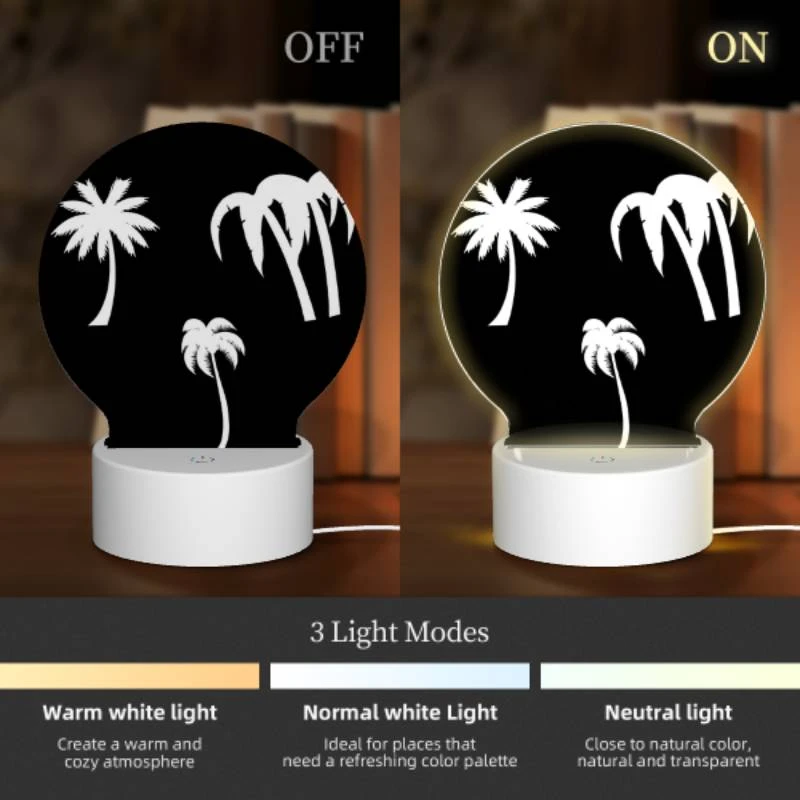 Round Acrylic Night Light, Three palm trees are shown in silhouette against a black background. Round Acrylic Night Light, Three Palm Trees Are Shown In Silhouette Against A Black Background. -Acrylic Night Light Shop e1d4e92938e1b1e25119015bfcf94e00b5b5d834