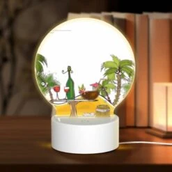 Round Acrylic Night Light, A Cartoon Of A Tropical Island With A Table And Chairs