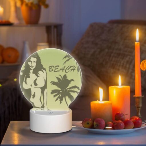 Round Acrylic Night Light, A Woman In A Bikini Is Standing On A Beach. -Acrylic Night Light Shop e31c810b4cd3c05582e0f39ea1e3a91af605bd94