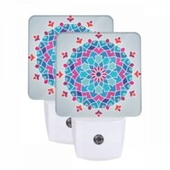 Night Light Set Of 2, A Colorful Blue And Purple Flower Design.