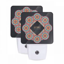 Night Light Set Of 2, A Colorful Abstract Pattern Is Displayed In A Circle.