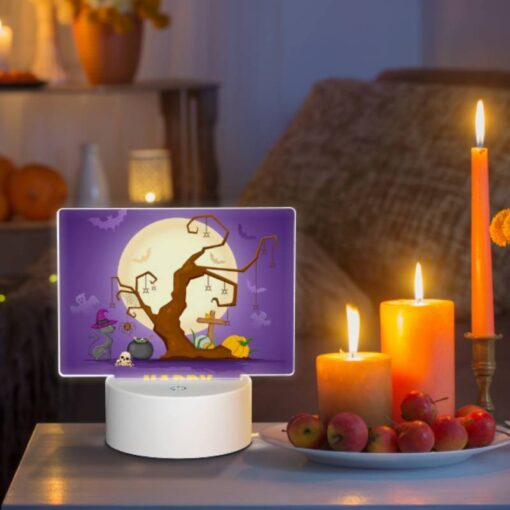 Rectangular Acrylic Night Light, A Tree With Halloween Decorations And A Banner That Says "Happy Halloween." -Acrylic Night Light Shop e5f221790127988486b42b3f186491c32d1c7fde