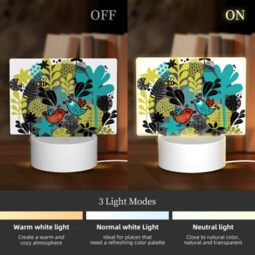 Rectangular Acrylic Night Light, A Colorful Illustration Of A Bird And A Bee Surrounded By Flowers. -Acrylic Night Light Shop e670c6d6fbc8579bfa9d515960bdb3af57a59364