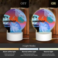 Round Acrylic Night Light, A Colorful Image Of A Palm Tree With The Words "It's Summer Time" Written On It. -Acrylic Night Light Shop e6af47c6834930689418d9b052b2fe372e31891d