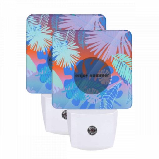 Night Light Set Of 2, A Colorful Image Of Palm Trees And A Blue Circle With The Words "Enjoy Summer" Written On It. -Acrylic Night Light Shop e703394fcd8ae5d48e41d1d1dce7d6b79da92010