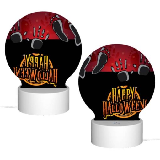 Round Acrylic Night Light, A Black And White Image Of A Happy Halloween Sign. -Acrylic Night Light Shop e7073863848960f7bd0a253af40663246d944a91