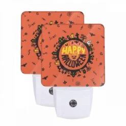Night Light Set Of 2, A Round Orange Sign With A Happy Halloween Message.