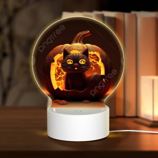 Round Acrylic Night Light, A Cat Is Sitting Inside A Carved Pumpkin. -Acrylic Night Light Shop e95a05e6bc42fac0c157715262bf91d4339a33c4