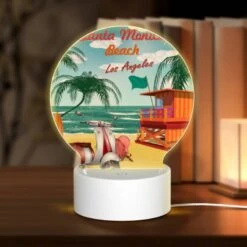 Round Acrylic Night Light, A Colorful Beach Scene With A Surfboard