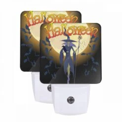 Night Light Set Of 2, A Witch Is Standing In Front Of A Full Moon.