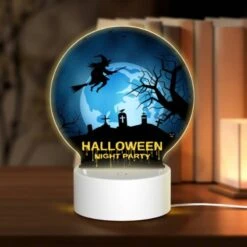 Round Acrylic Night Light, A Witch Flies Over A Halloween Night Party.