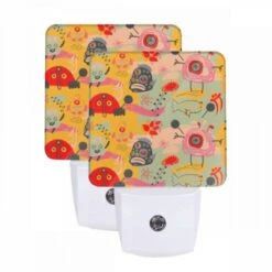 Night Light Set Of 2, A Colorful And Whimsical Pattern Featuring A Variety Of Animals And Objects.