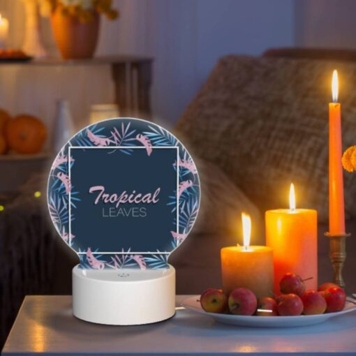 Round Acrylic Night Light, A Tropical Leaves Design With A Pink And Blue Color Scheme. -Acrylic Night Light Shop ee24eb18f6123b16b4c41766b078b82b3de09376