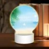 Round Acrylic Night Light, A Picture Of A Beach With A Boat And Palm Trees.