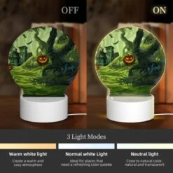 Round Acrylic Night Light, A Colorful Cartoon Scene Of A House With A Pumpkin On The Doorstep And A Tree With A Pumpkin On It. -Acrylic Night Light Shop f0937e4d4eeeac83a748075ddd93546e05308d6f