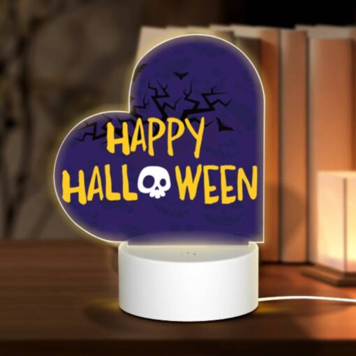 Love Acrylic Night Light, A Purple Background With A Skull And Crossbones And The Words "Happy Halloween" Written In Yellow. -Acrylic Night Light Shop f3217cf48e56941d0314cce509ba49ec130403f7