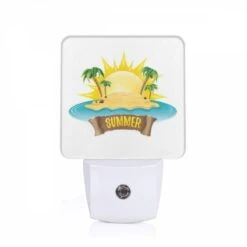 Night Light, A Sunny Beach With A Palm Tree Logo.