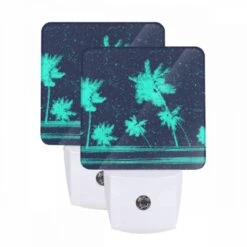 Night Light Set Of 2, A Blue And Green Image Of Palm Trees.