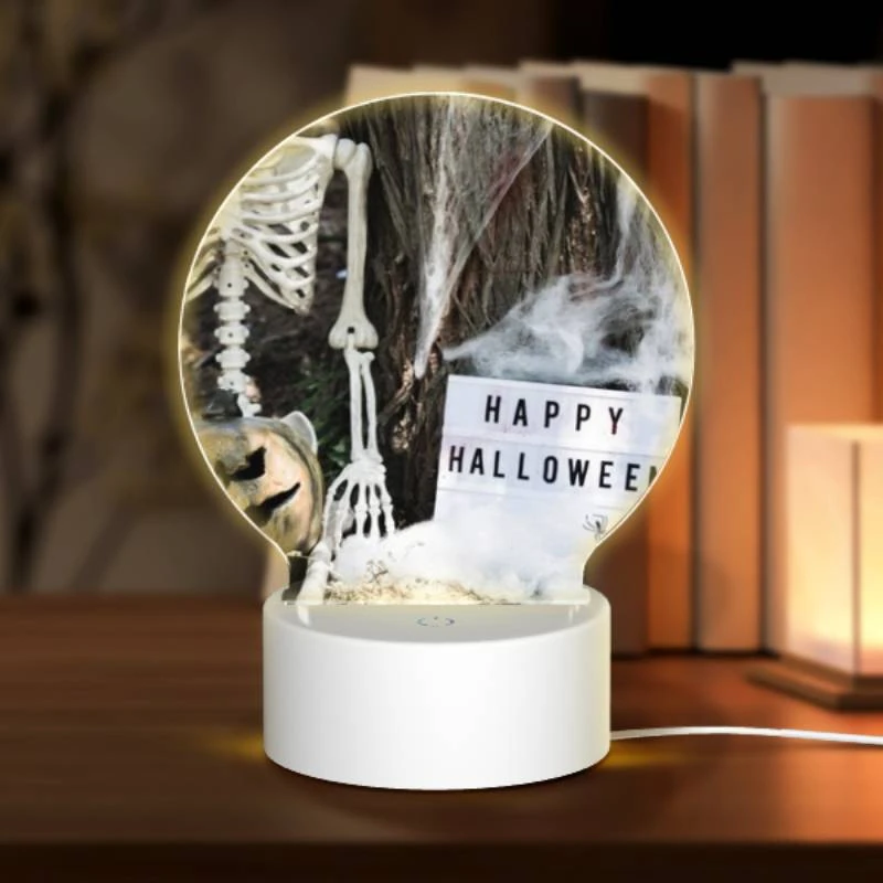 Round Acrylic Night Light, A skeleton and a pumpkin are placed next to a sign that reads "Happy Halloween." Round Acrylic Night Light, A Skeleton And A Pumpkin Are Placed Next To A Sign That Reads "Happy Halloween." -Acrylic Night Light Shop f6648f75fbe47fd1233c0d2ce3c4f0b55e63478c
