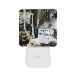 Night Light Set Of 2, A Skeleton And A Pumpkin Are Placed Next To A Sign That Reads "Happy Halloween." -Acrylic Night Light Shop f6c24c1e048332ee49da5e97eb7a2b531ea4b1cc