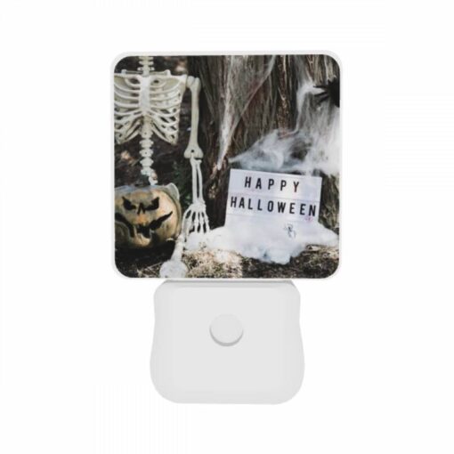 Night Light Set Of 2, A Skeleton And A Pumpkin Are Placed Next To A Sign That Reads "Happy Halloween." -Acrylic Night Light Shop f6c24c1e048332ee49da5e97eb7a2b531ea4b1cc