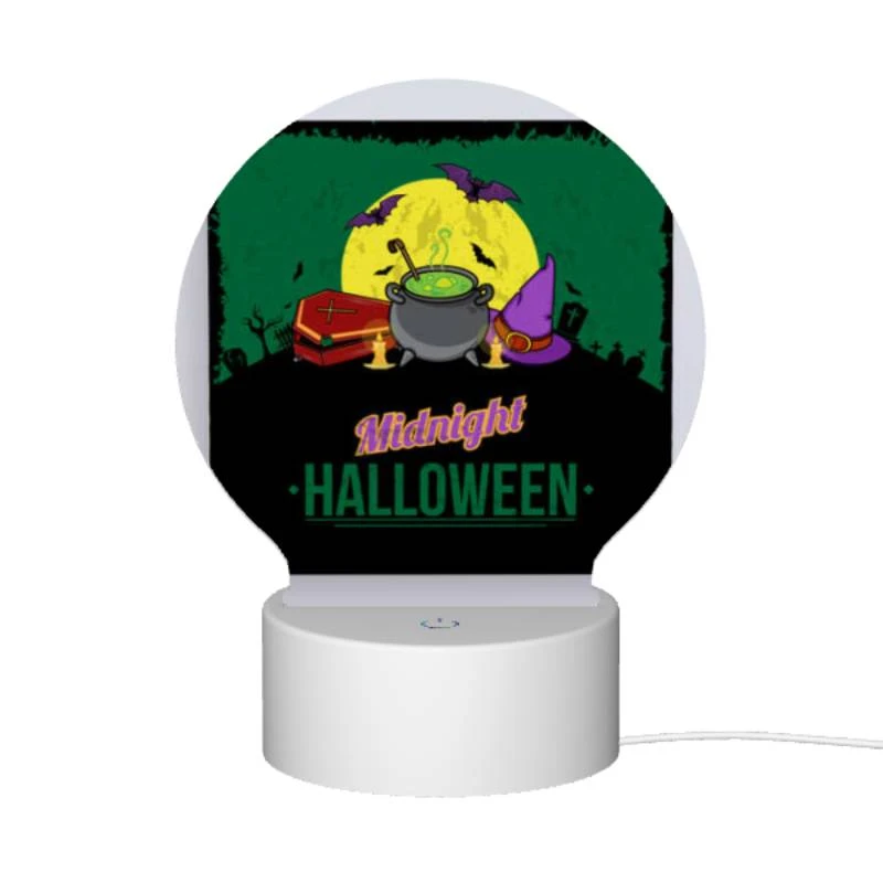 Round Acrylic Night Light, A poster with a witches hat and a cauldron with a green background. Round Acrylic Night Light, A Poster With A Witches Hat And A Cauldron With A Green Background. -Acrylic Night Light Shop f7582c458d715754284d5e5736969b32aeaa13aa