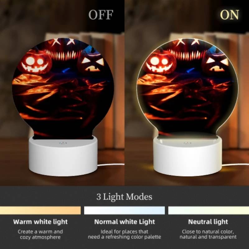 Round Acrylic Night Light, Three pumpkins with faces carved into them are sitting on a table. Round Acrylic Night Light, Three Pumpkins With Faces Carved Into Them Are Sitting On A Table. -Acrylic Night Light Shop f97e284d5ac3fc362001bd7c40de2926018b7756