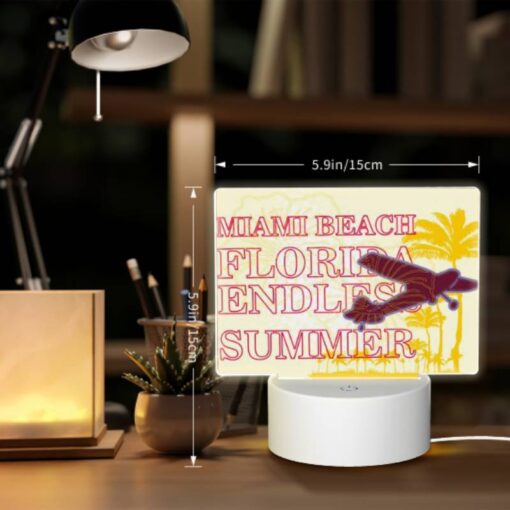 Rectangular Acrylic Night Light, A Plane Is Flying Over A Beach With The Words "Miami Beach Florida" Written On It. -Acrylic Night Light Shop fbe881822a6a28335e2fa6a66ce96fbe05223a82