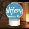 Round Acrylic Night Light, A Blue Sign That Says "California Surfer Girls.".