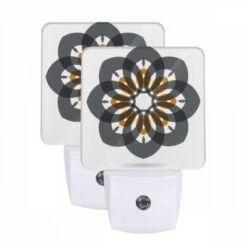 Night Light Set Of 2, A Black And White Flower With Orange And White Accents.
